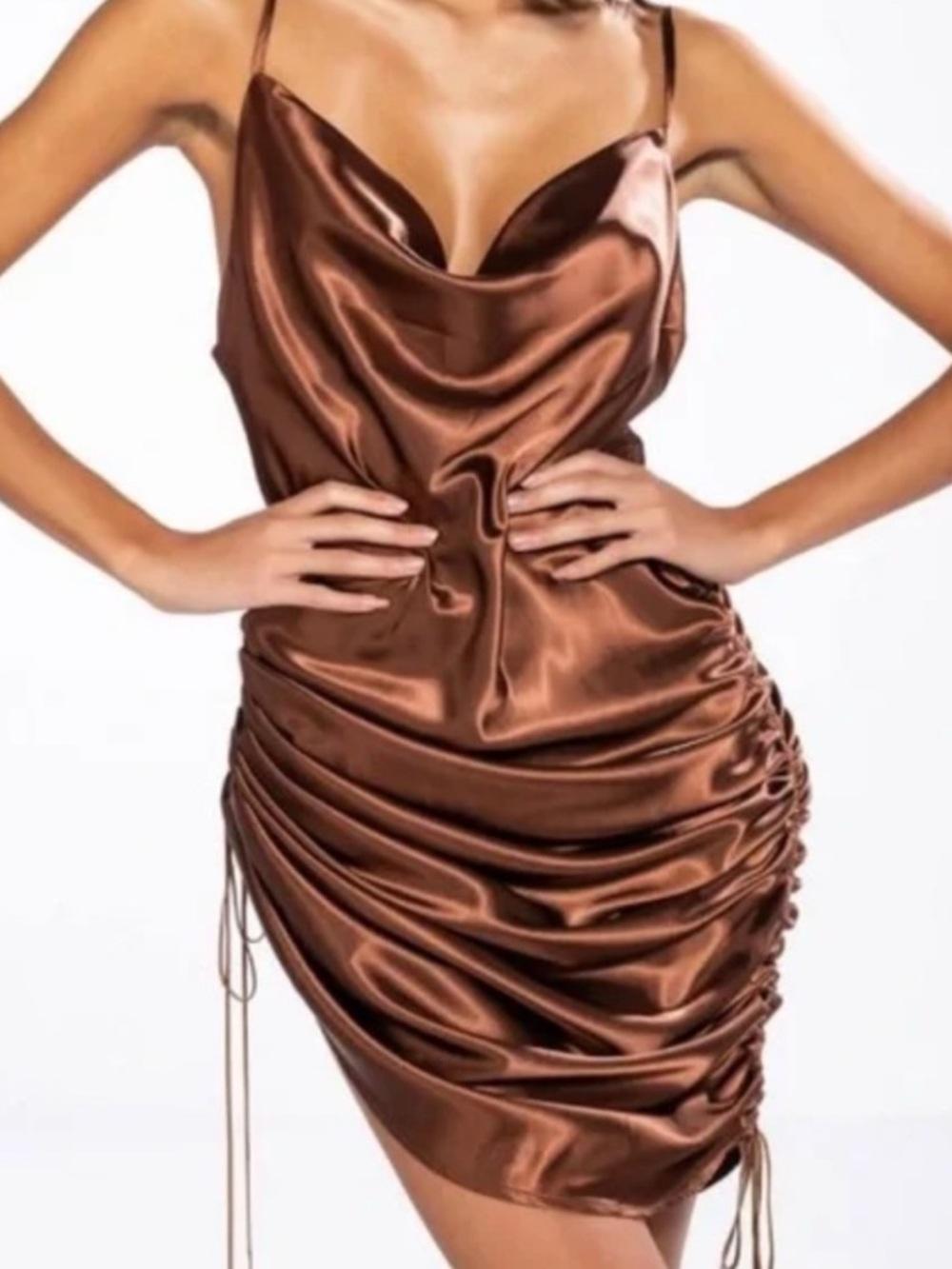 EVNL by Miss Lola Chocolate Brown Satin Ruched Cowl Neck Slip Dress Sz L NWT
